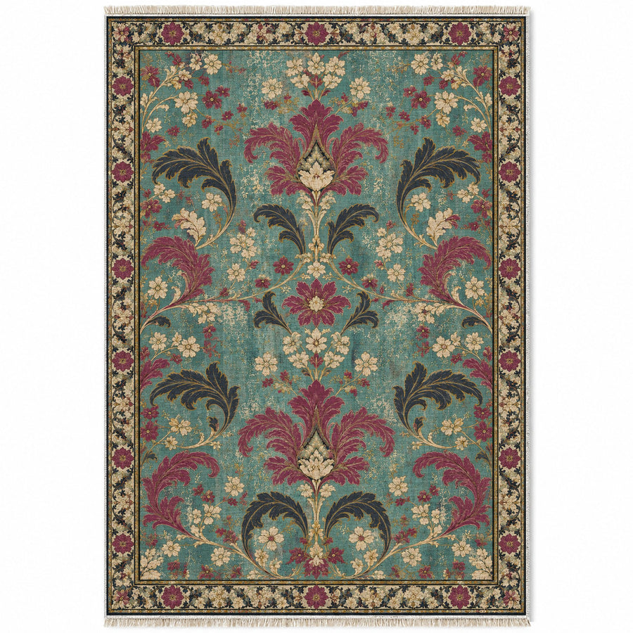 Ghost Damask Panels Lagoon & Berry Distressed Washable Rug