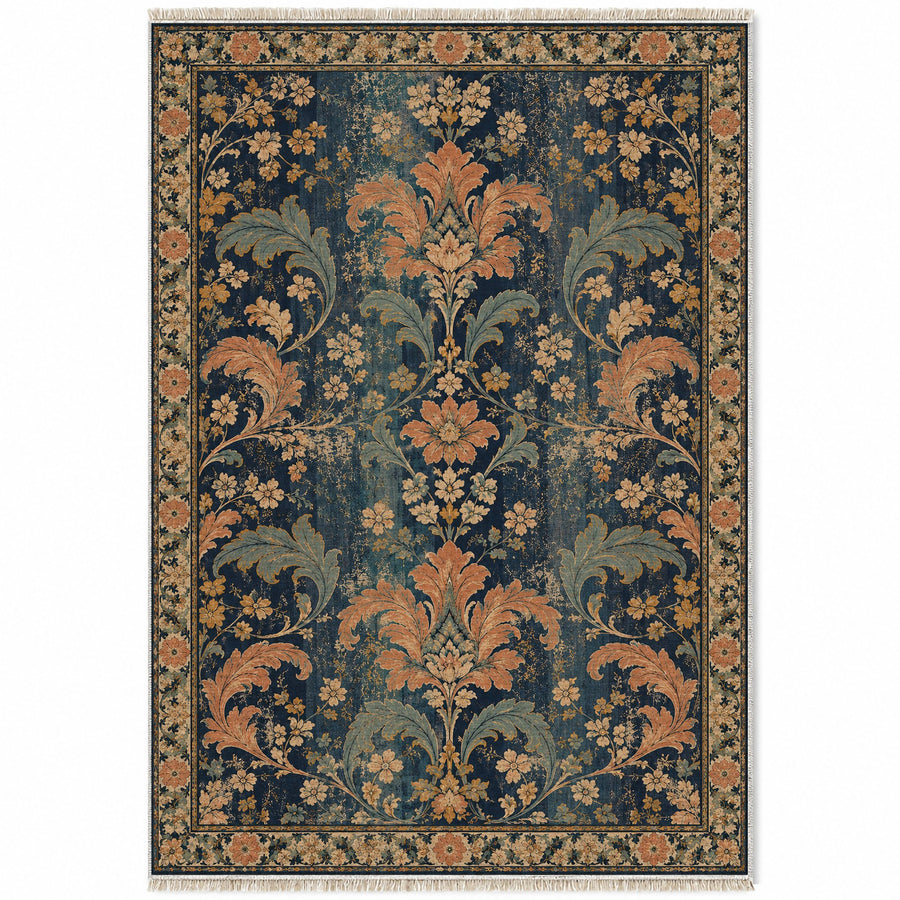 Ghost Damask Panels Midnight & Melon Distressed Washable Rug