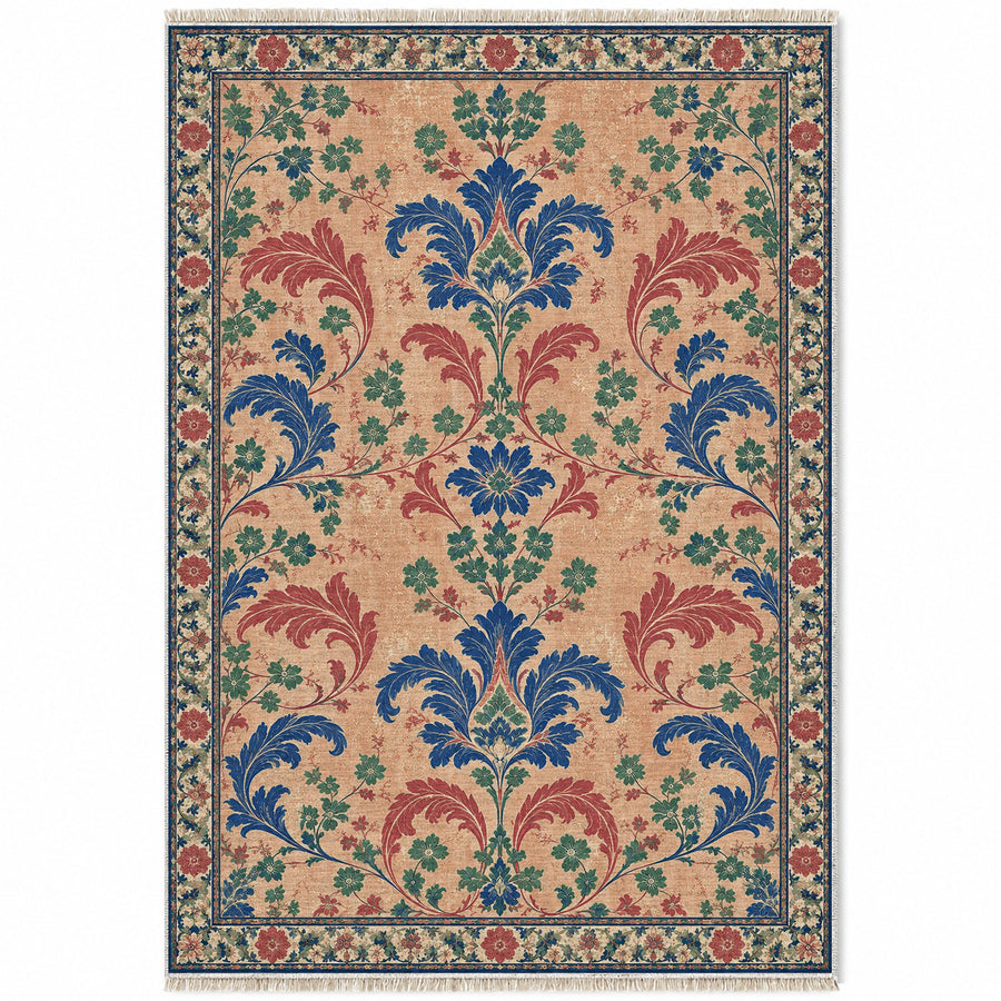 Ghost Damask Panels Peach, Cobalt & Jade Distressed Washable Rug