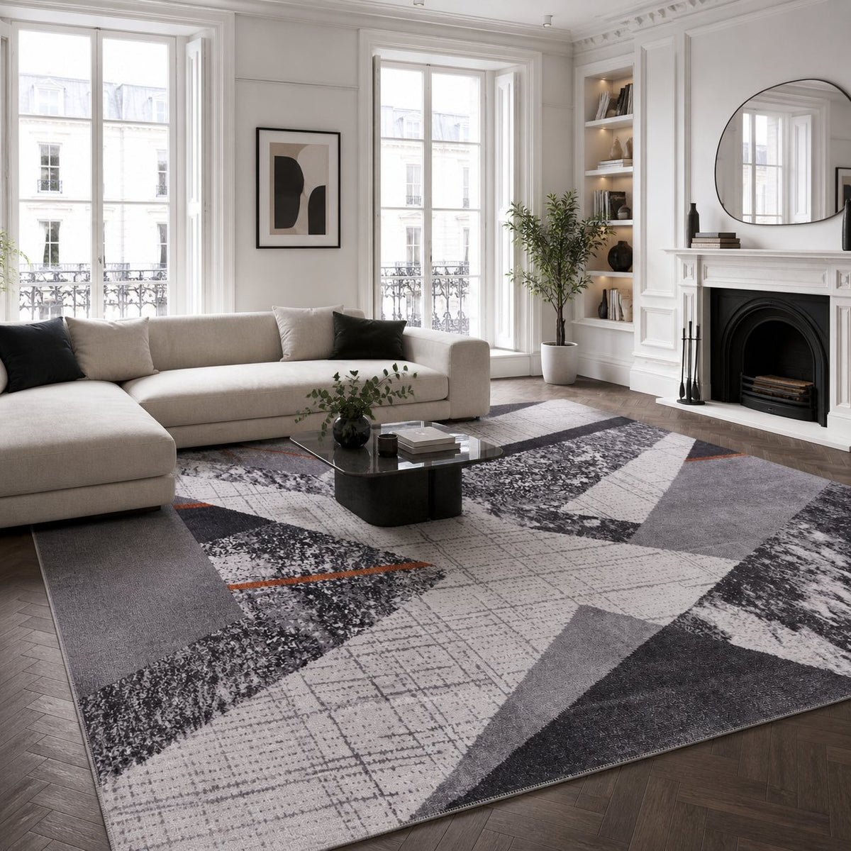 Grey Abstract Geometric Washable Rug in a living room