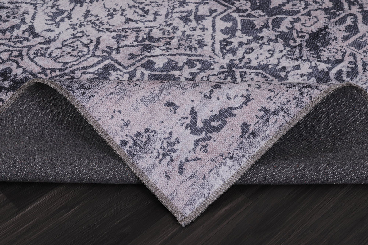 Grey & Charcoal Distressed Medallion Washable Rug pile close-up