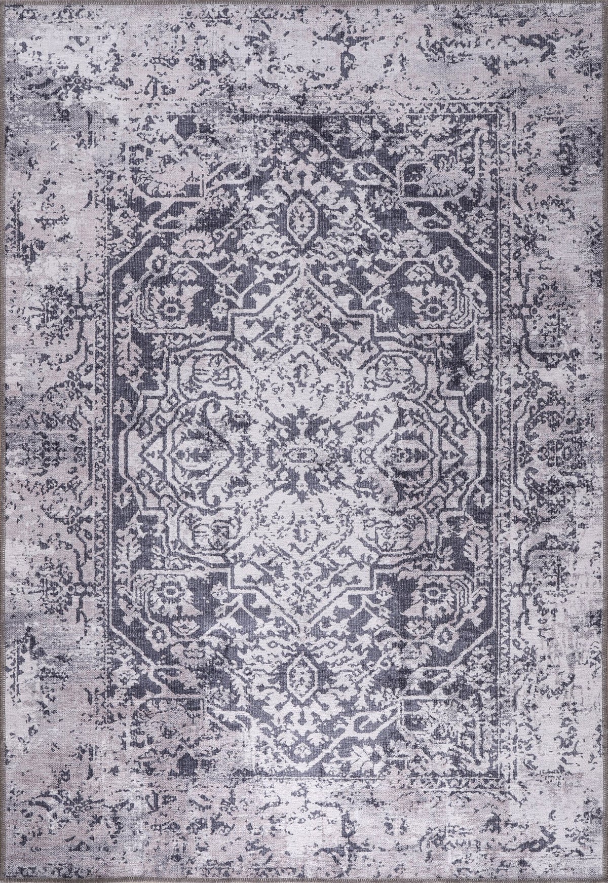 Grey & Charcoal Distressed Medallion Washable Rug 1338 top view