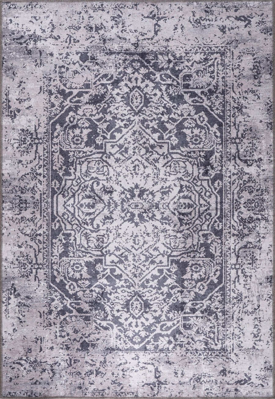 Grey & Charcoal Distressed Medallion Washable Rug | 1338