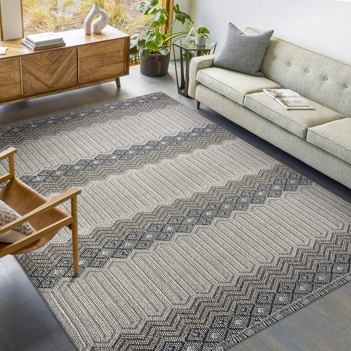 Grey & Ivory Banded Indoor Outdoor Rug in a living room