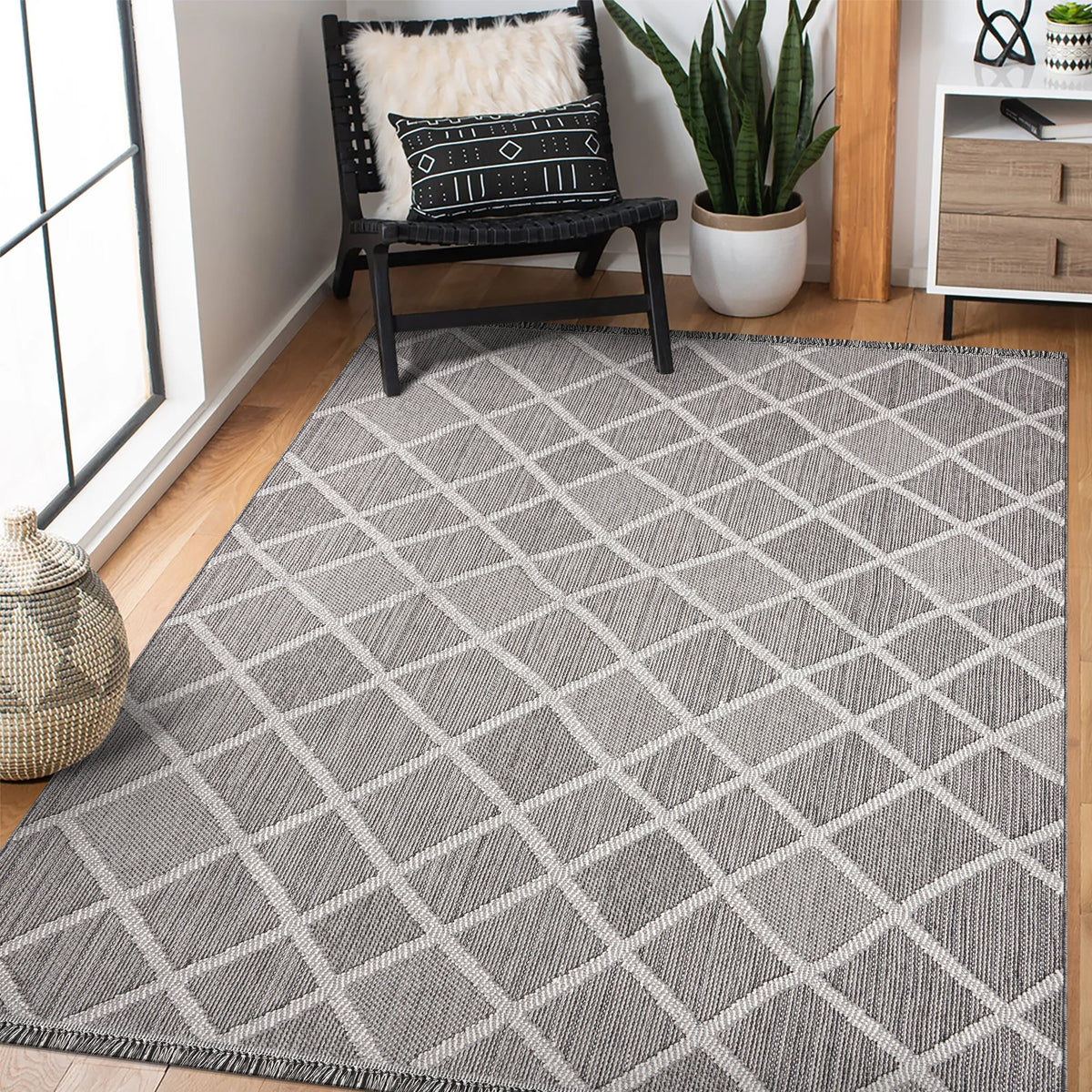 Grey & Ivory Trellis Indoor Outdoor Rug in a living room