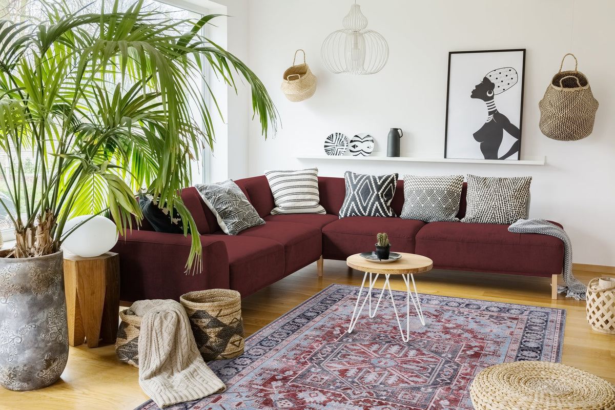 Grey & Red Heriz Medallion Washable Rug in a living room