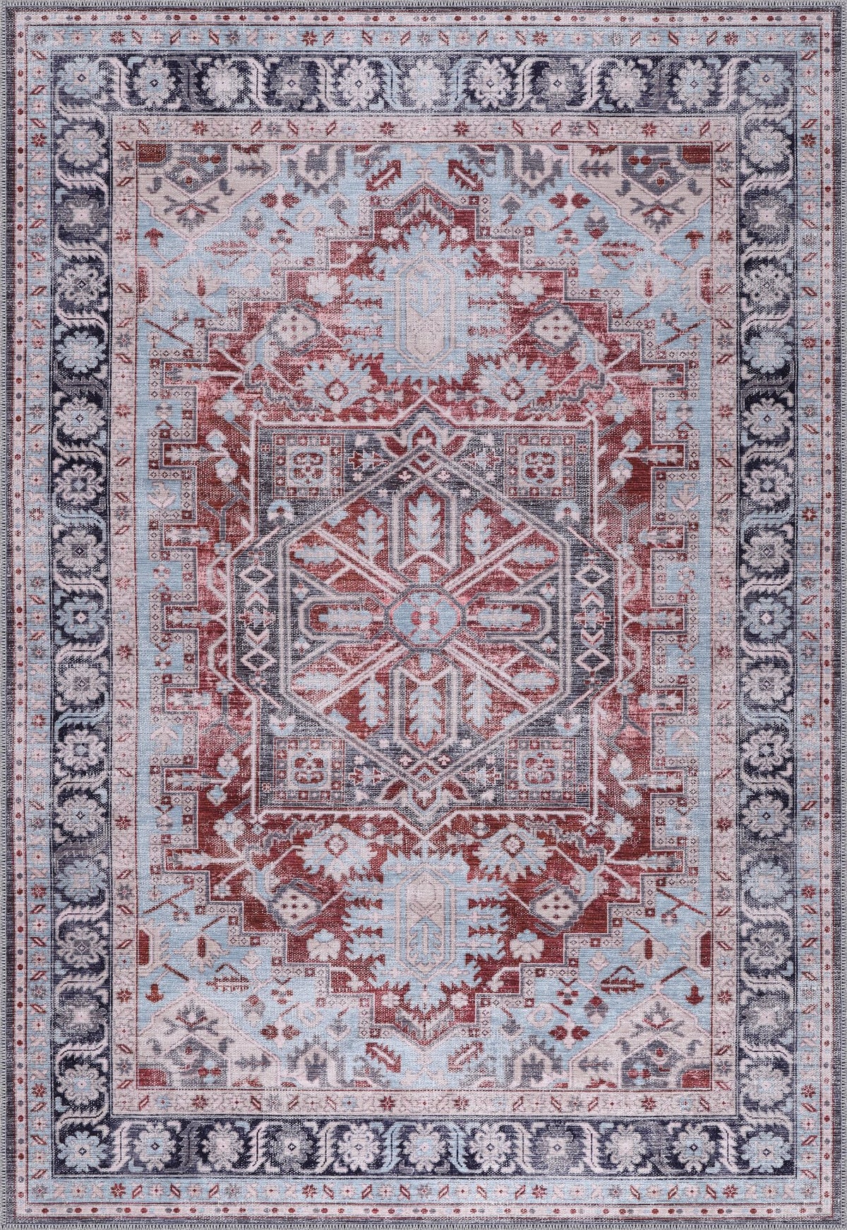 Grey & Red Heriz Medallion Washable Rug K1 top view