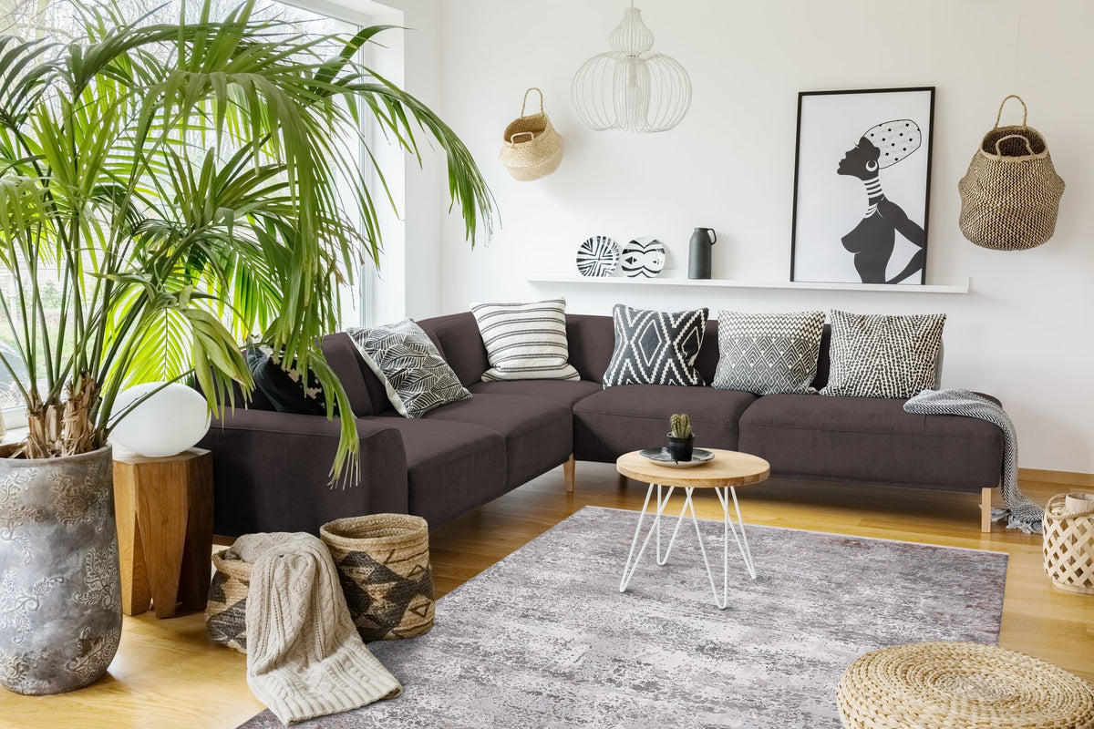 Grey & Terracotta Distressed Abstract Area Rug in a living room