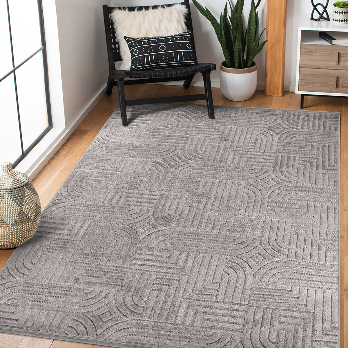Grey Arch Relief Area Rug in a living room
