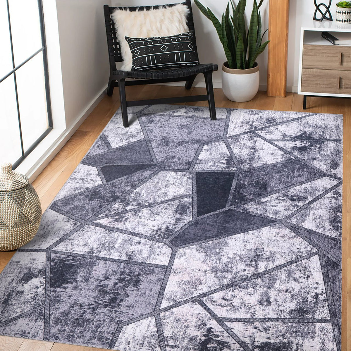 Grey Marble Mosaic Washable Rug in a living room