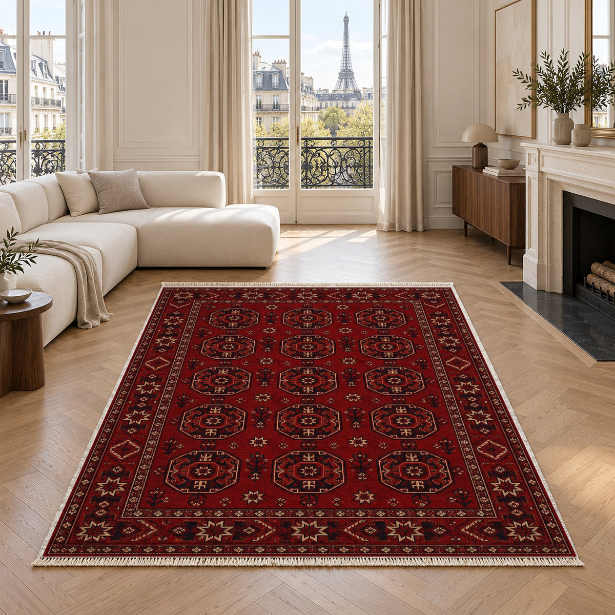Gul Ruby washable rug in a living room with an Eiffel Tower view