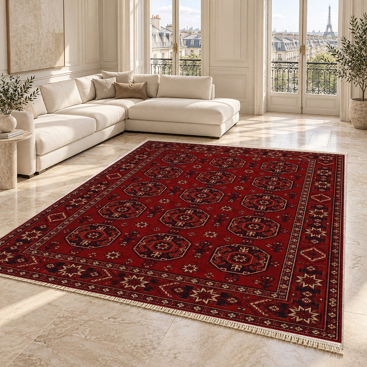 Gul Ruby washable rug angled room view on marble