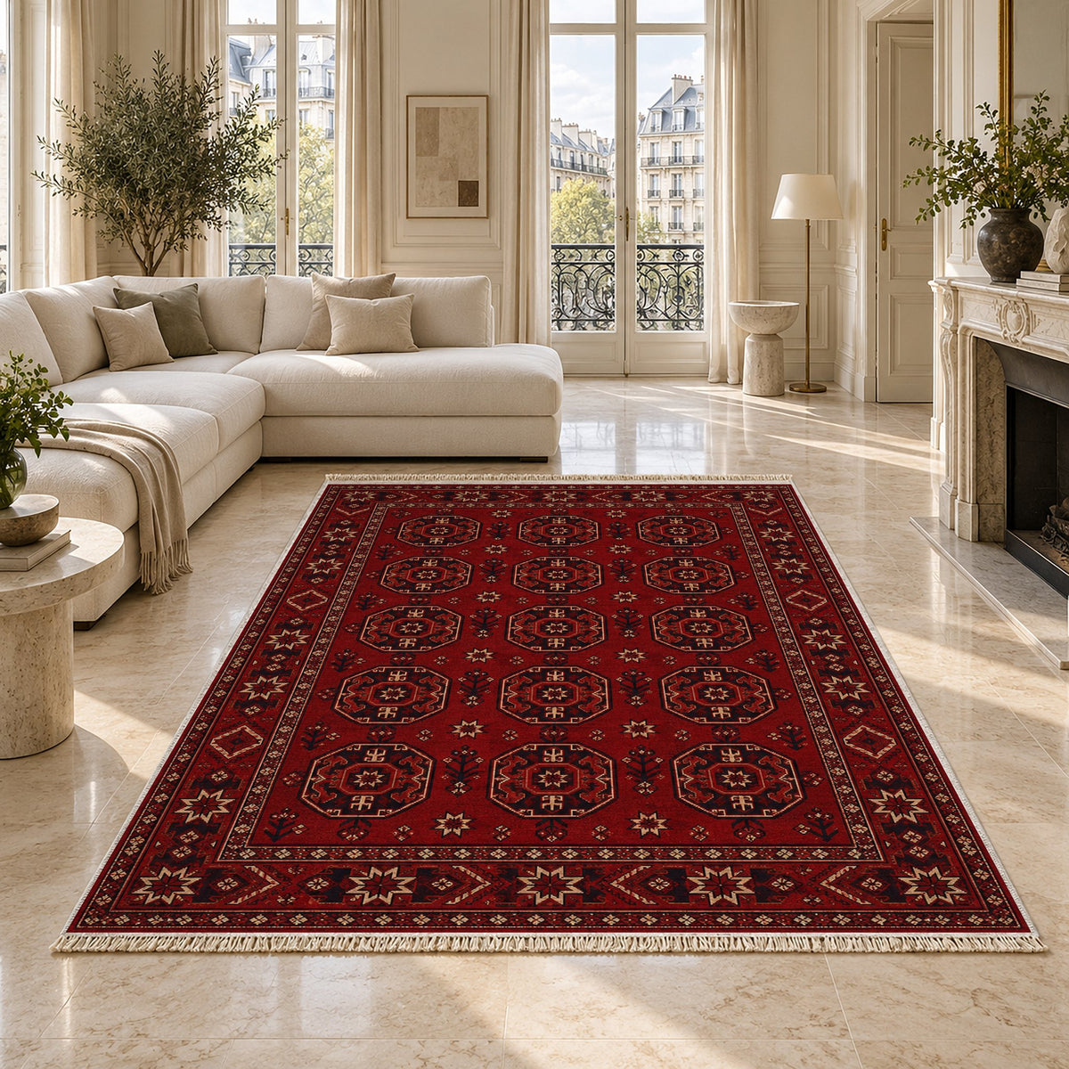 Gul Ruby washable rug on a marble floor