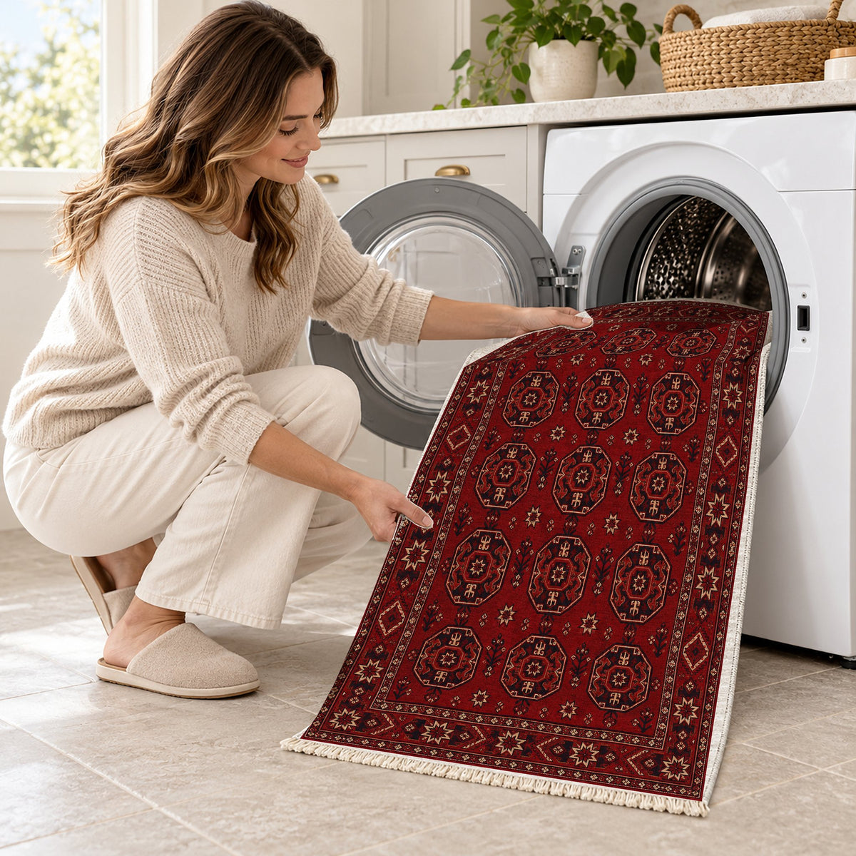 Gul Ruby washable rug being loaded into a washing machine