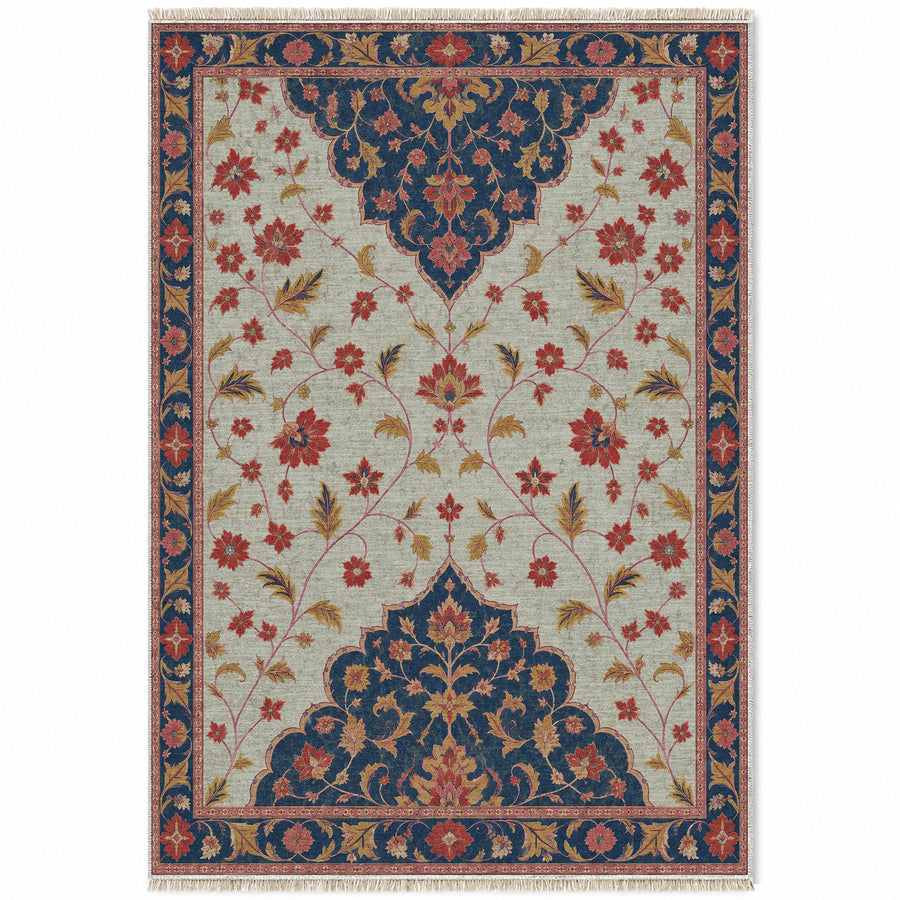 Half Medallion Horizon Glacier, Ink & Vermilion Distressed Washable Rug