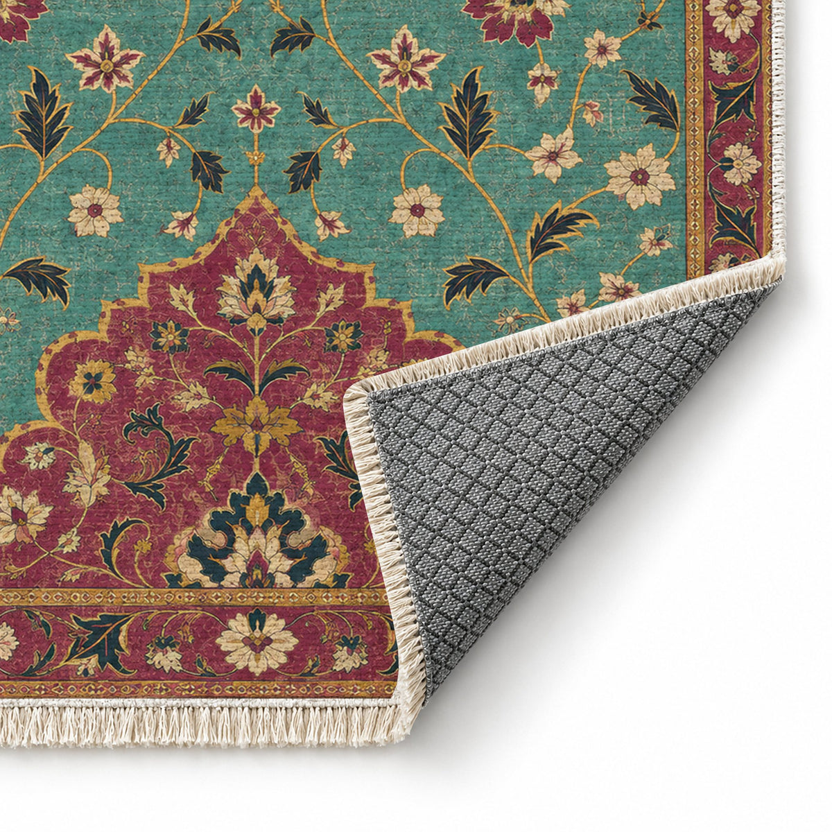 Half Medallion Horizon Lagoon & Berry washable rug folded corner showing the backing