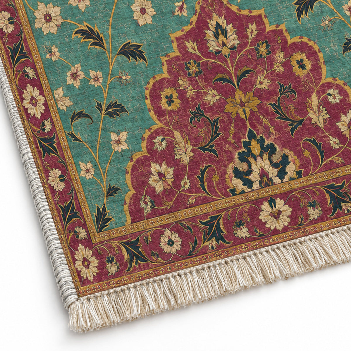 Half Medallion Horizon Lagoon & Berry washable rug close-up of the printed chenille
