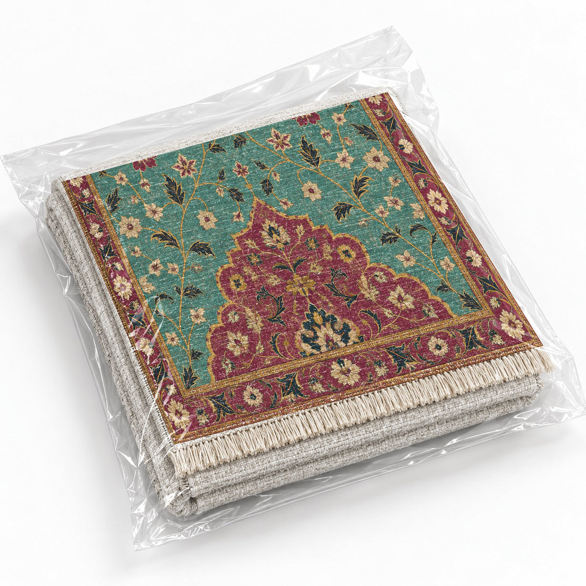 Half Medallion Horizon Lagoon & Berry washable rug rolled and packaged