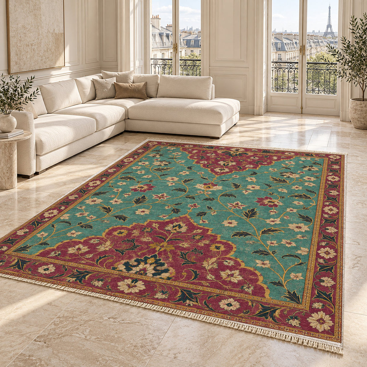 Half Medallion Horizon Lagoon & Berry washable rug angled room view on marble