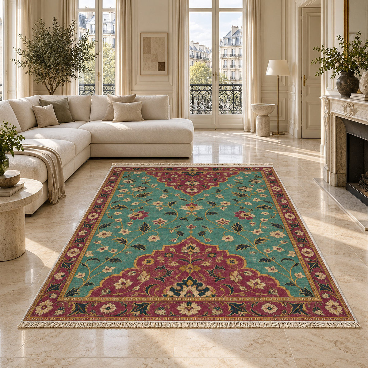 Half Medallion Horizon Lagoon & Berry washable rug on a marble floor