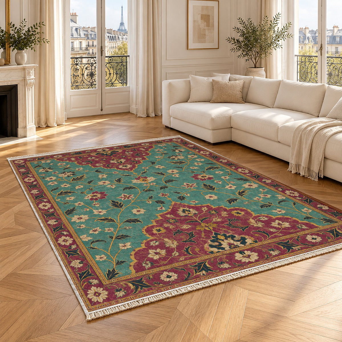 Half Medallion Horizon Lagoon & Berry washable rug angled room view
