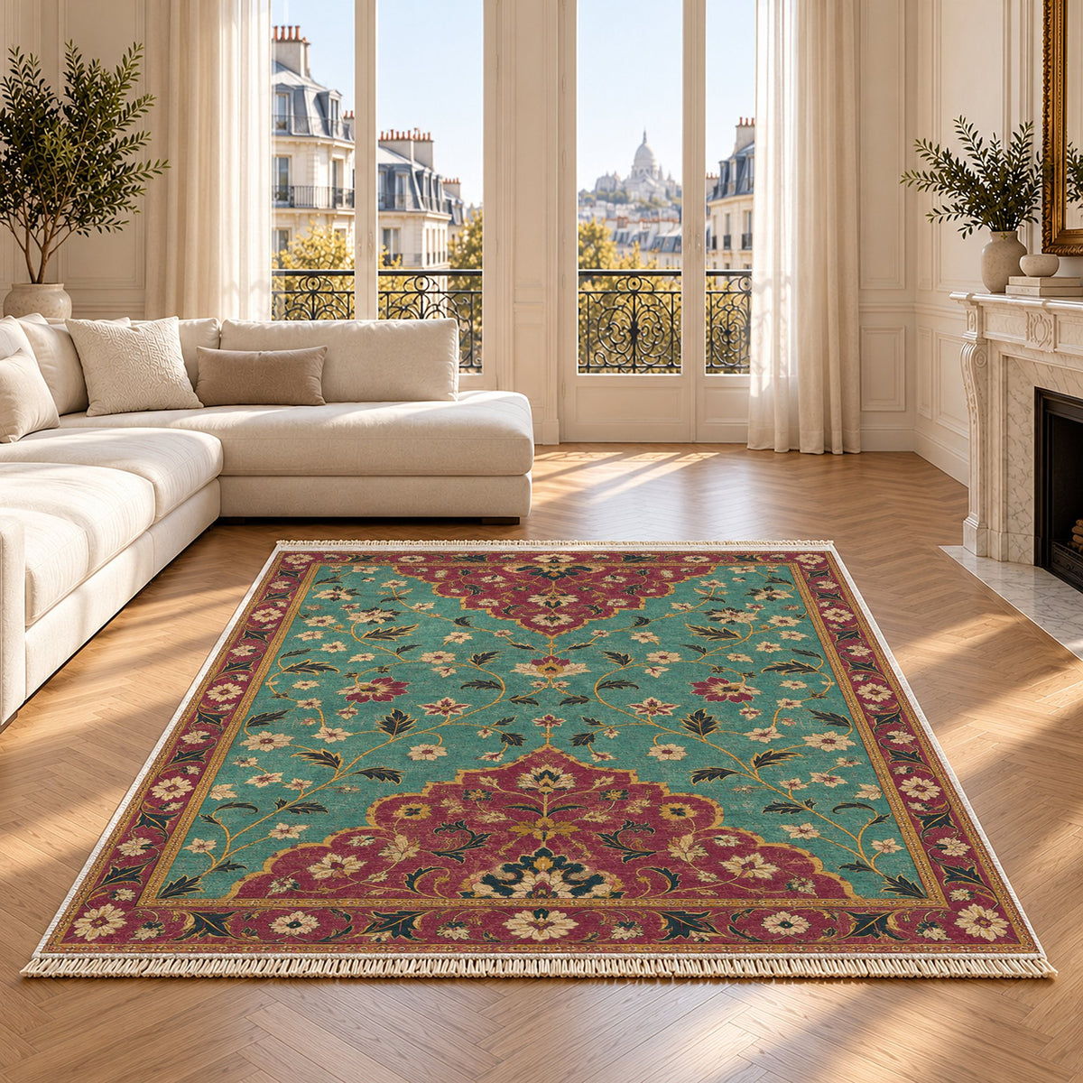 Half Medallion Horizon Lagoon & Berry washable rug on an oak floor