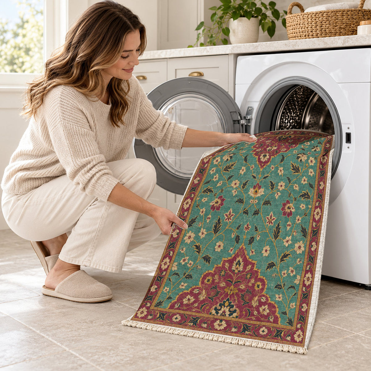 Half Medallion Horizon Lagoon & Berry washable rug being loaded into a washing machine