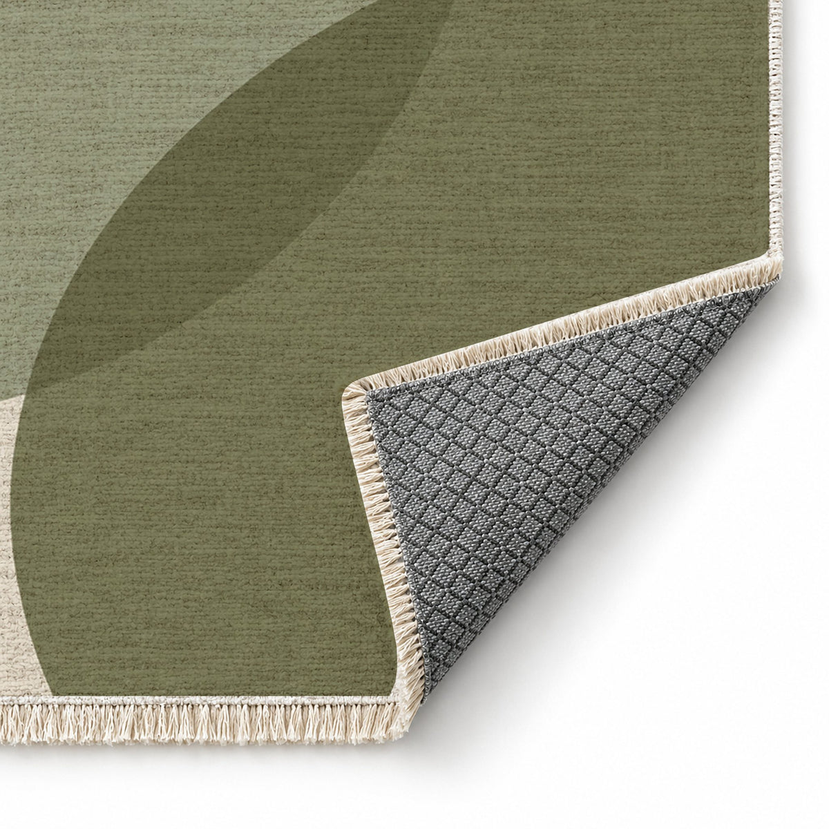 Half Moon Ivory & Sage washable rug folded corner showing the backing