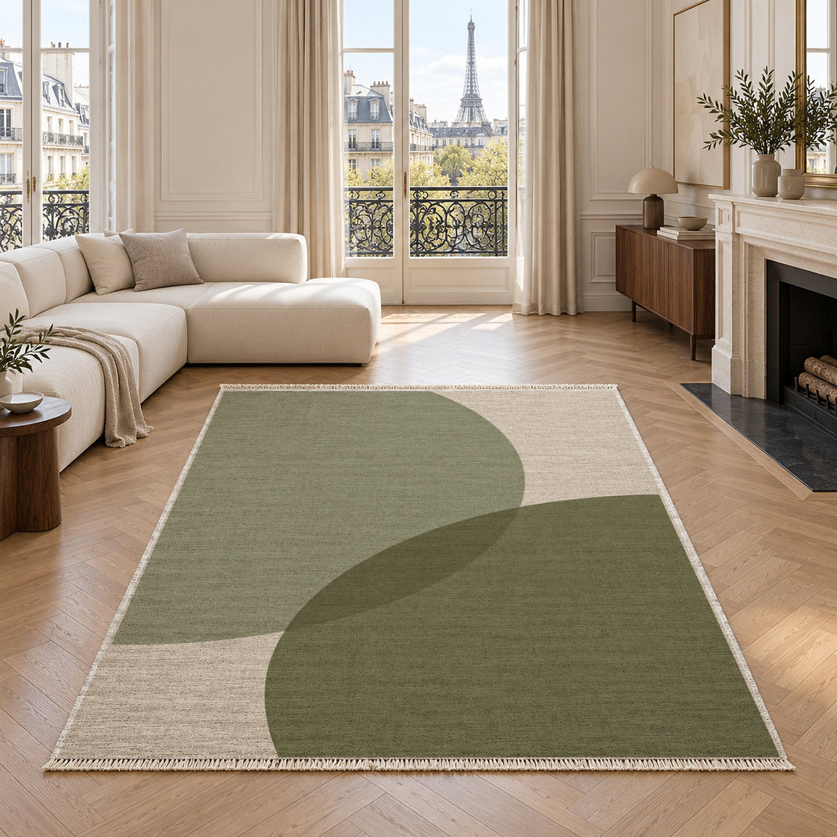 Half Moon Ivory & Sage washable rug in a living room with an Eiffel Tower view