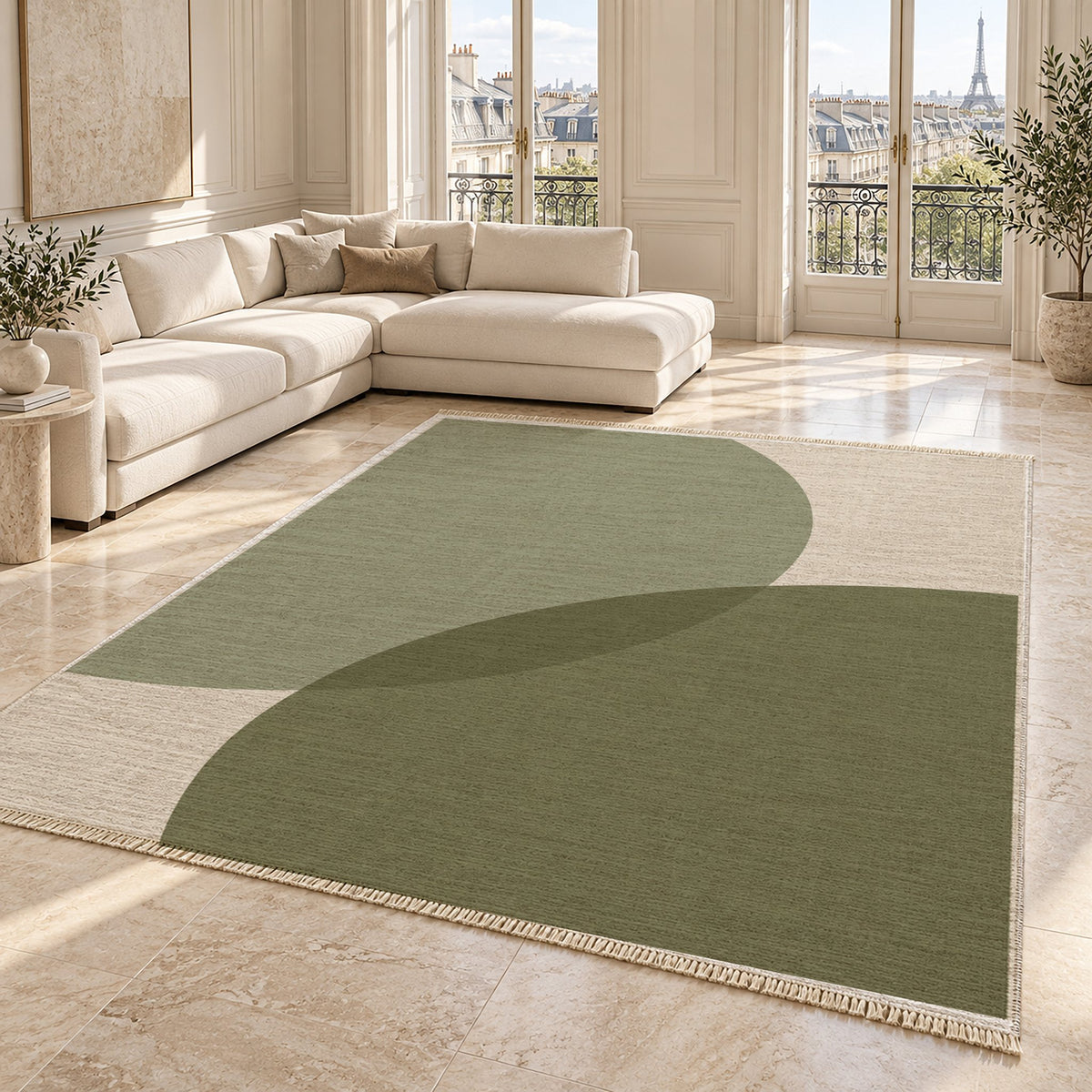 Half Moon Ivory & Sage washable rug angled room view on marble