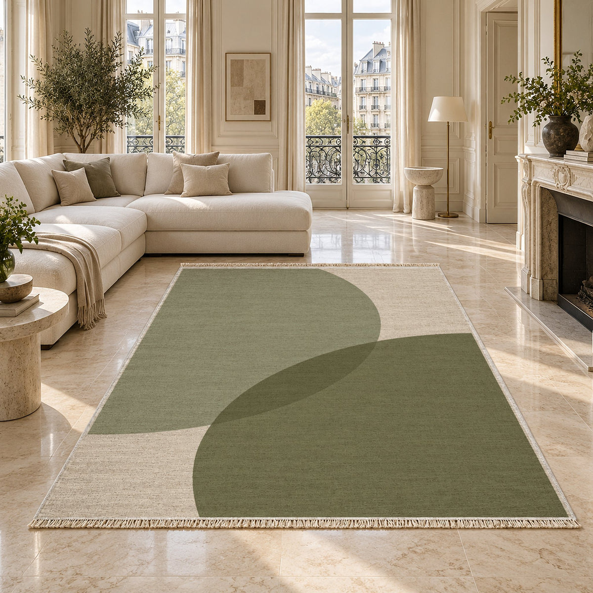 Half Moon Ivory & Sage washable rug on a marble floor