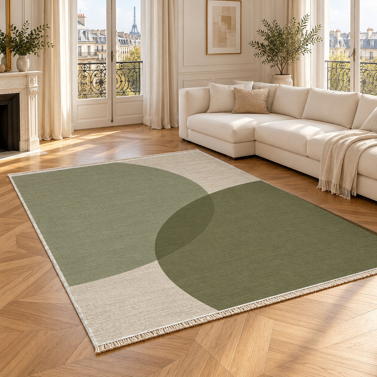 Half Moon Ivory & Sage washable rug angled room view
