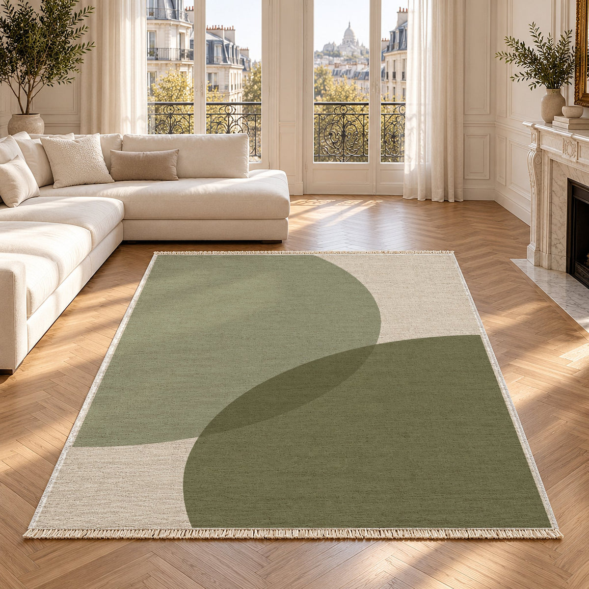 Half Moon Ivory & Sage washable rug in a Paris living room