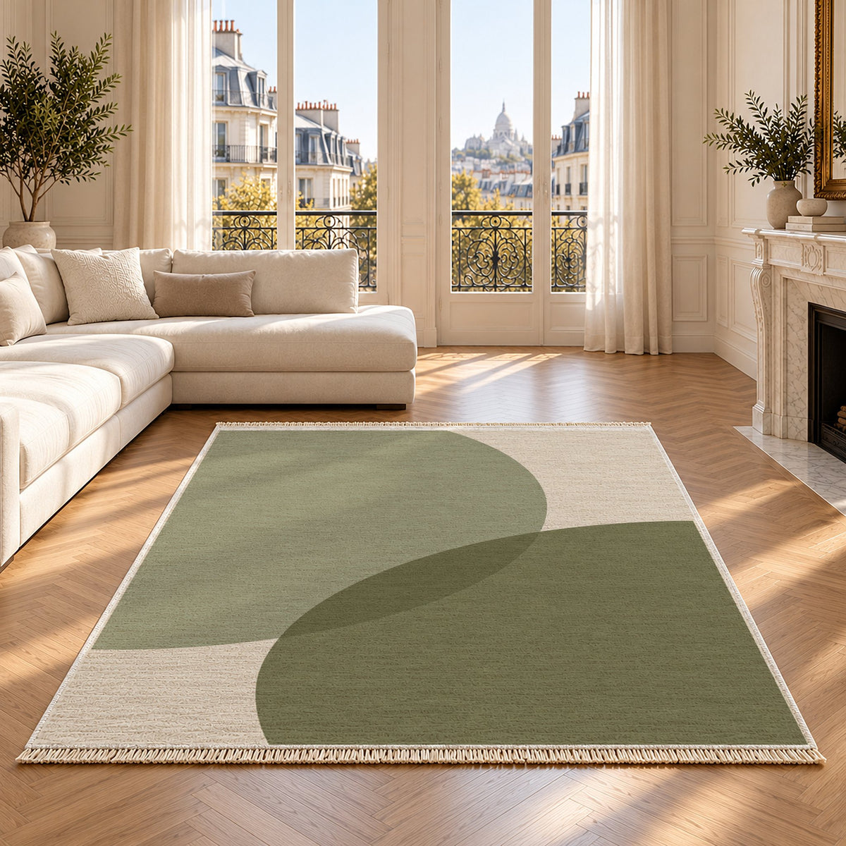 Half Moon Ivory & Sage washable rug on an oak floor