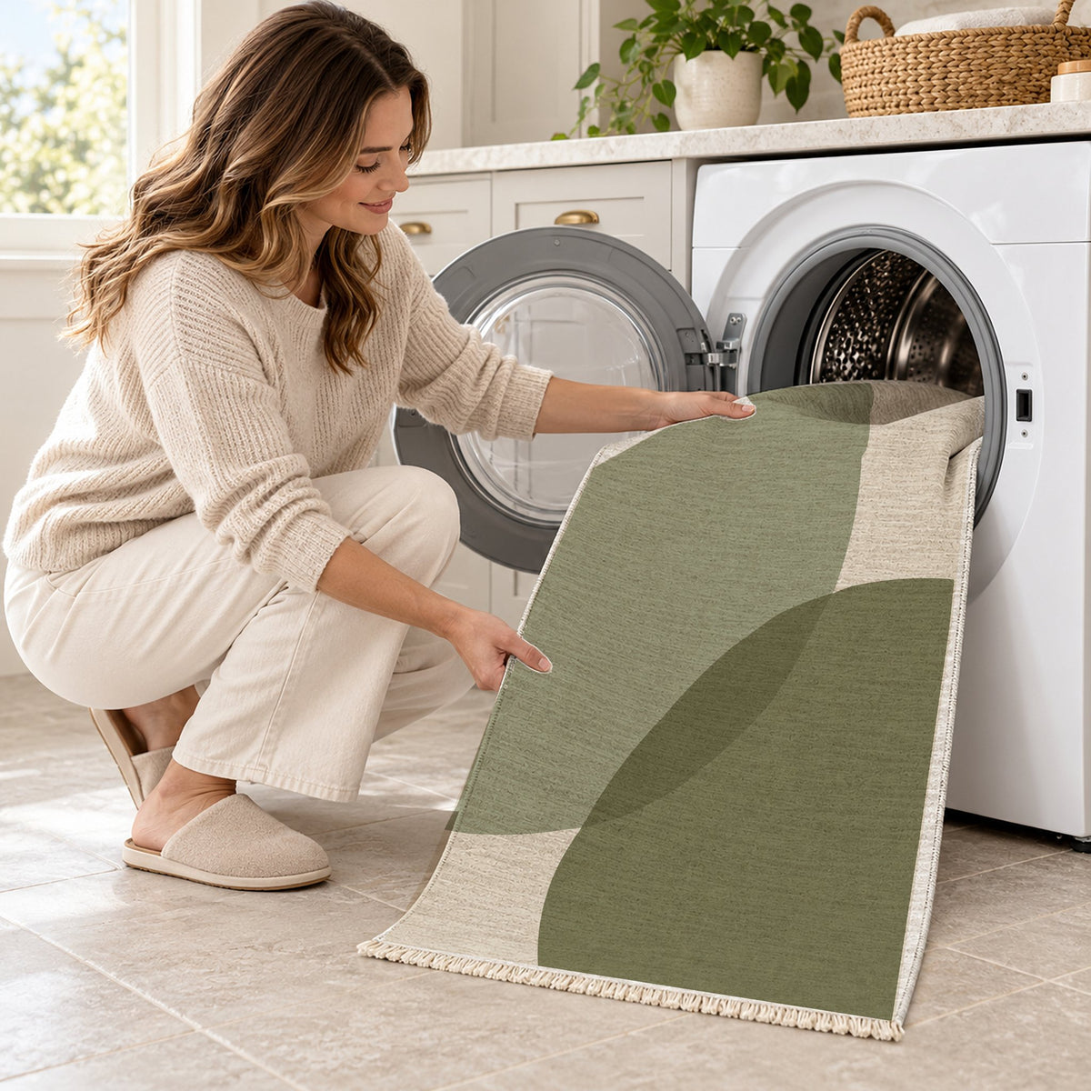 Half Moon Ivory & Sage washable rug being loaded into a washing machine