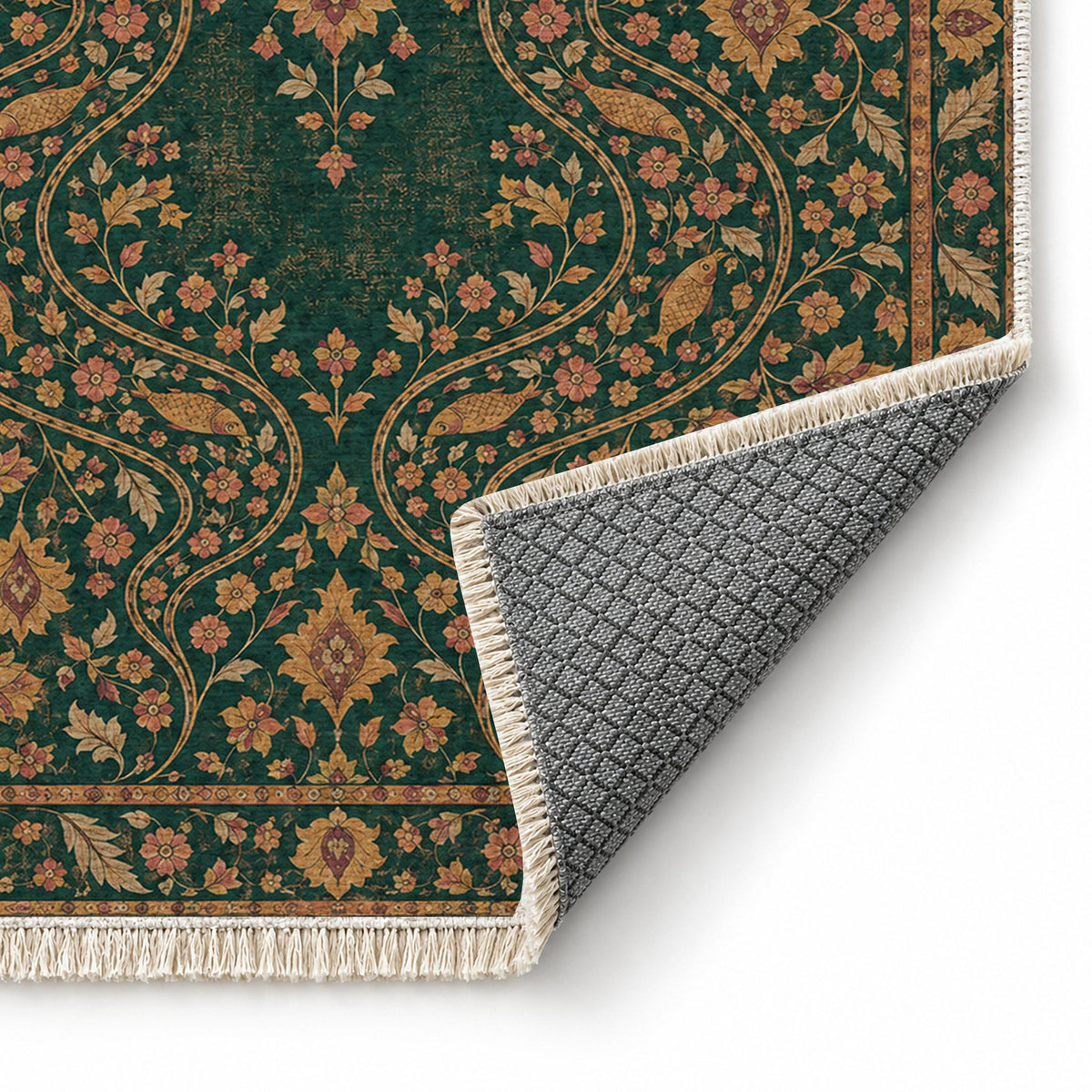 Herati River Channels Forest & Marigold washable rug folded corner showing the backing