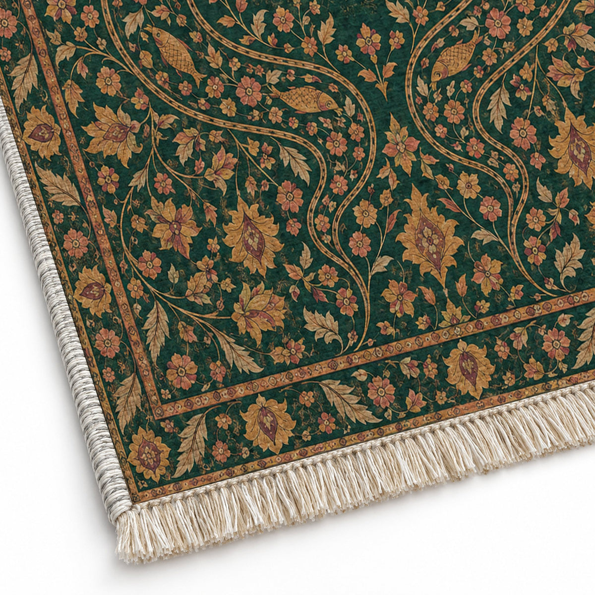 Herati River Channels Forest & Marigold washable rug close-up of the printed chenille