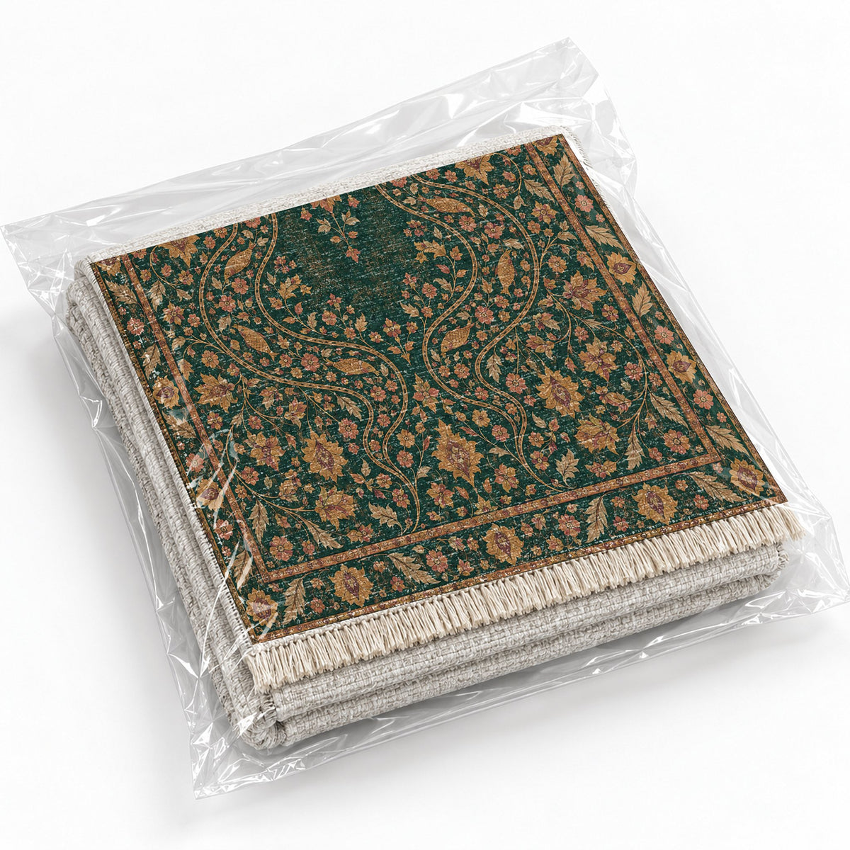 Herati River Channels Forest & Marigold washable rug rolled and packaged