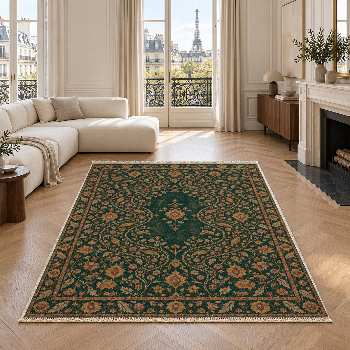 Herati River Channels Forest & Marigold washable rug in a living room with an Eiffel Tower view