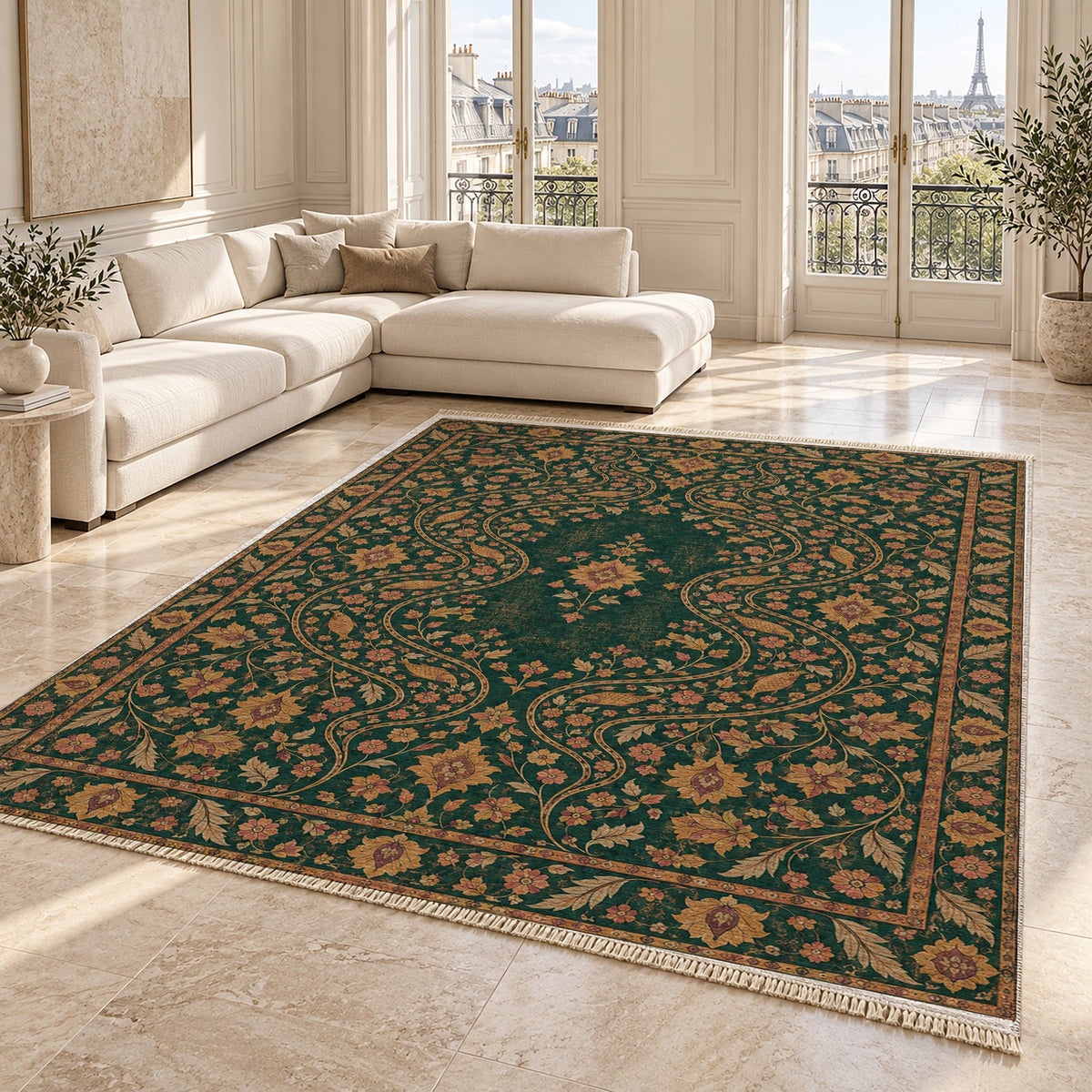 Herati River Channels Forest & Marigold washable rug angled room view on marble