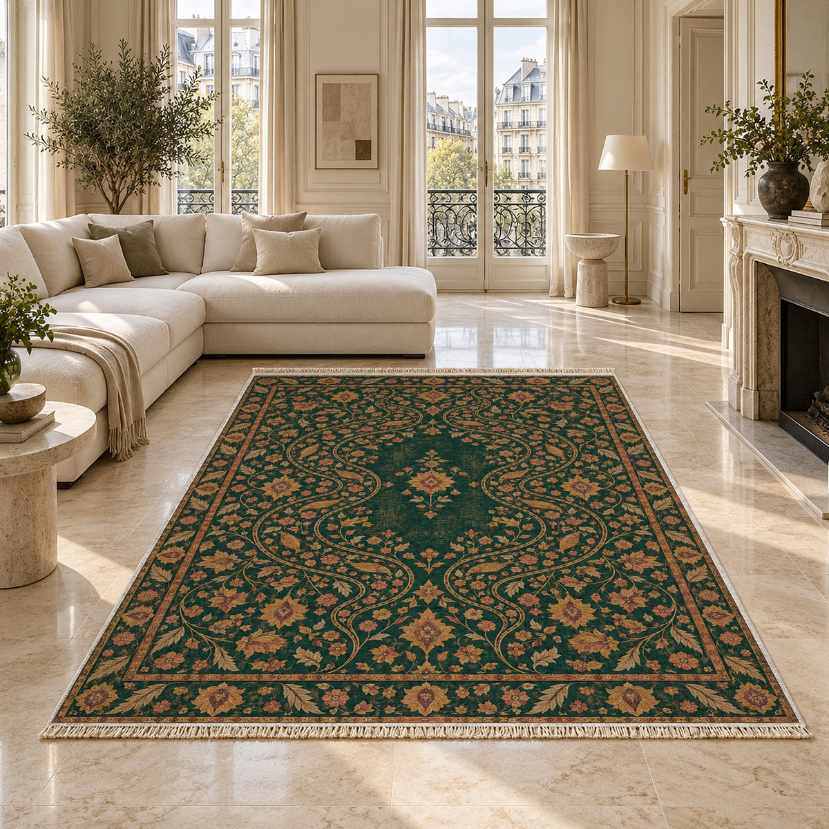 Herati River Channels Forest & Marigold washable rug on a marble floor