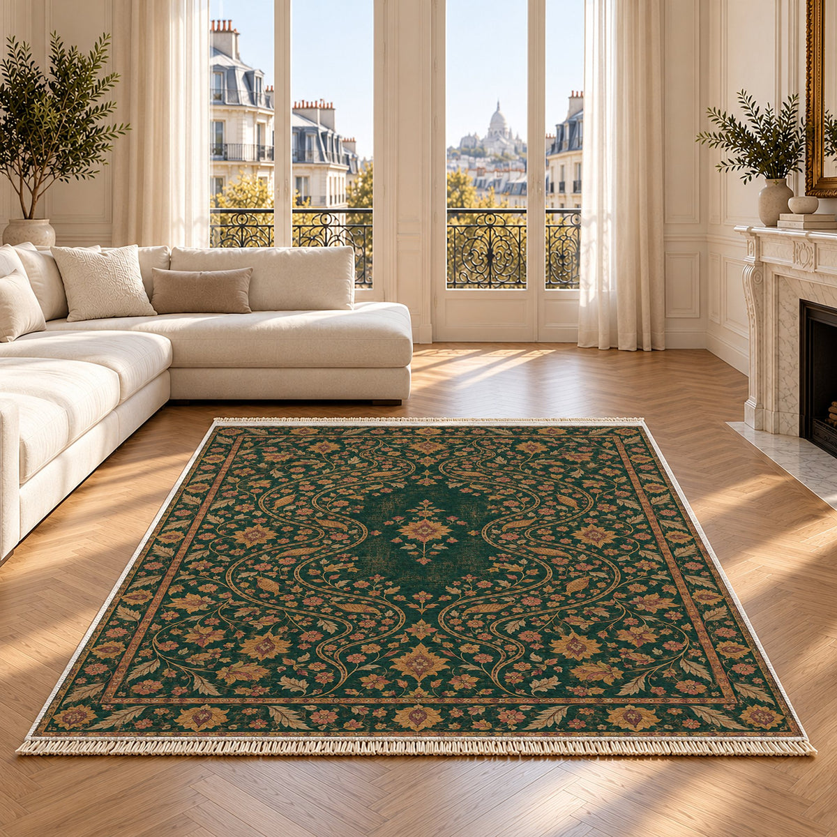 Herati River Channels Forest & Marigold washable rug on an oak floor