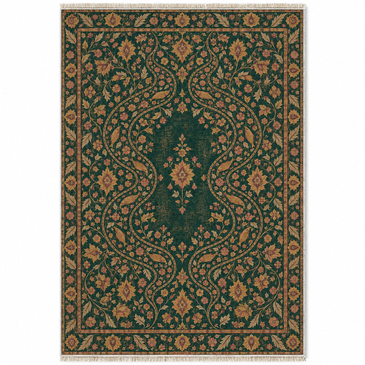 Herati River Channels Forest & Marigold washable rug top view