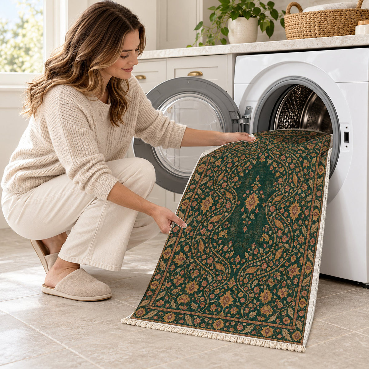 Herati River Channels Forest & Marigold washable rug being loaded into a washing machine