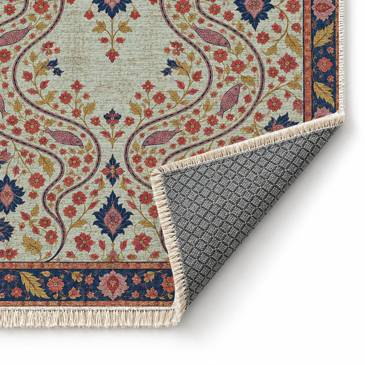 Herati River Channels Glacier, Ink & Vermilion washable rug folded corner showing the backing