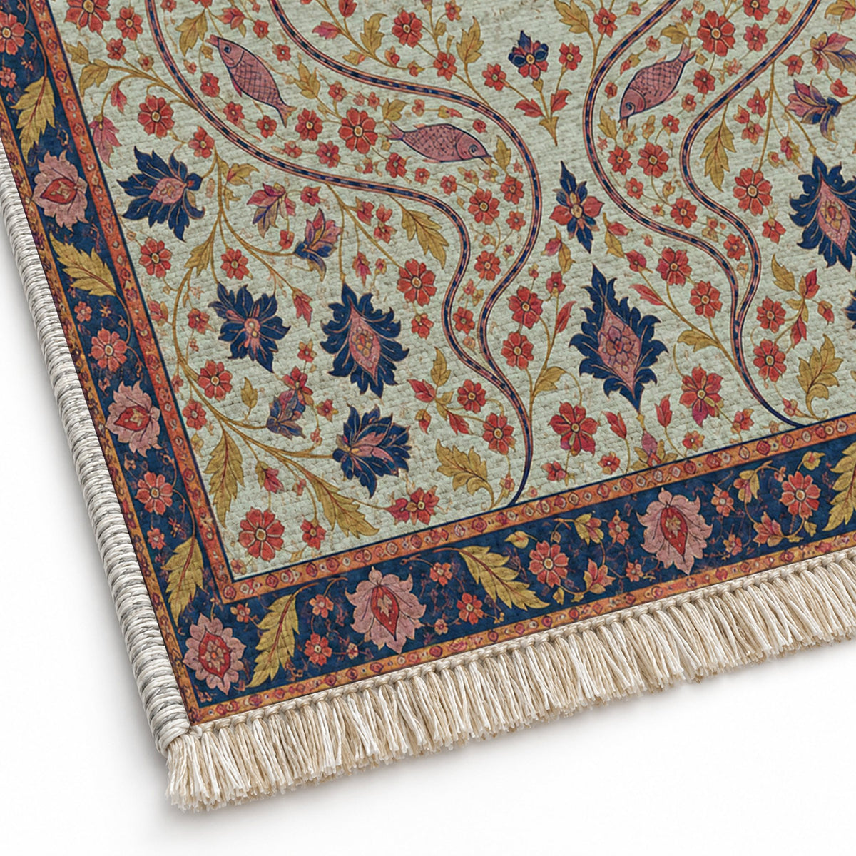 Herati River Channels Glacier, Ink & Vermilion washable rug close-up of the printed chenille