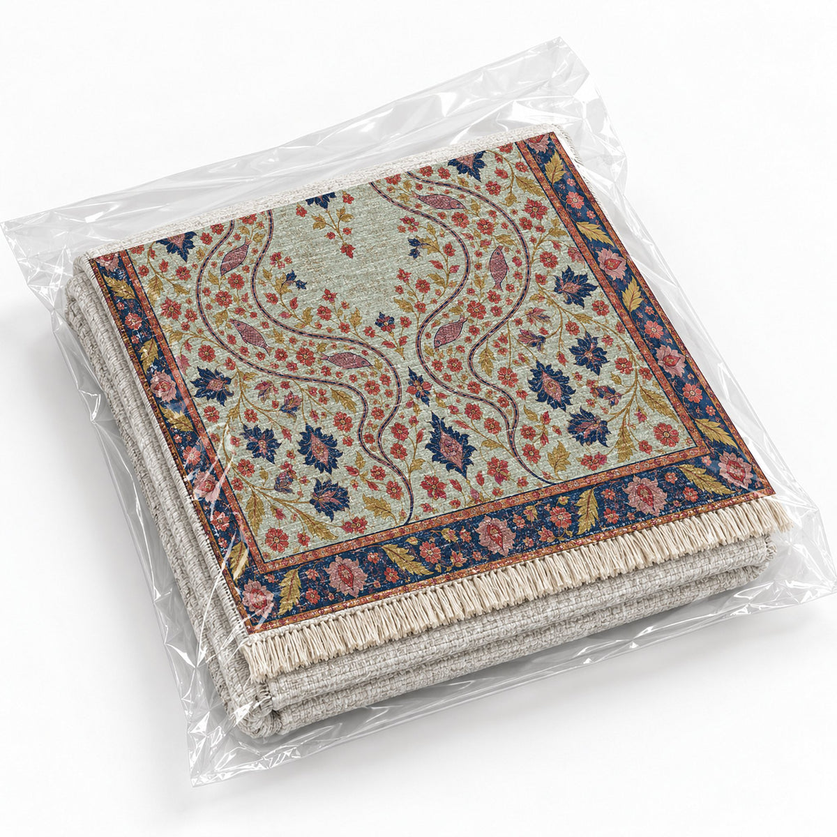 Herati River Channels Glacier, Ink & Vermilion washable rug rolled and packaged