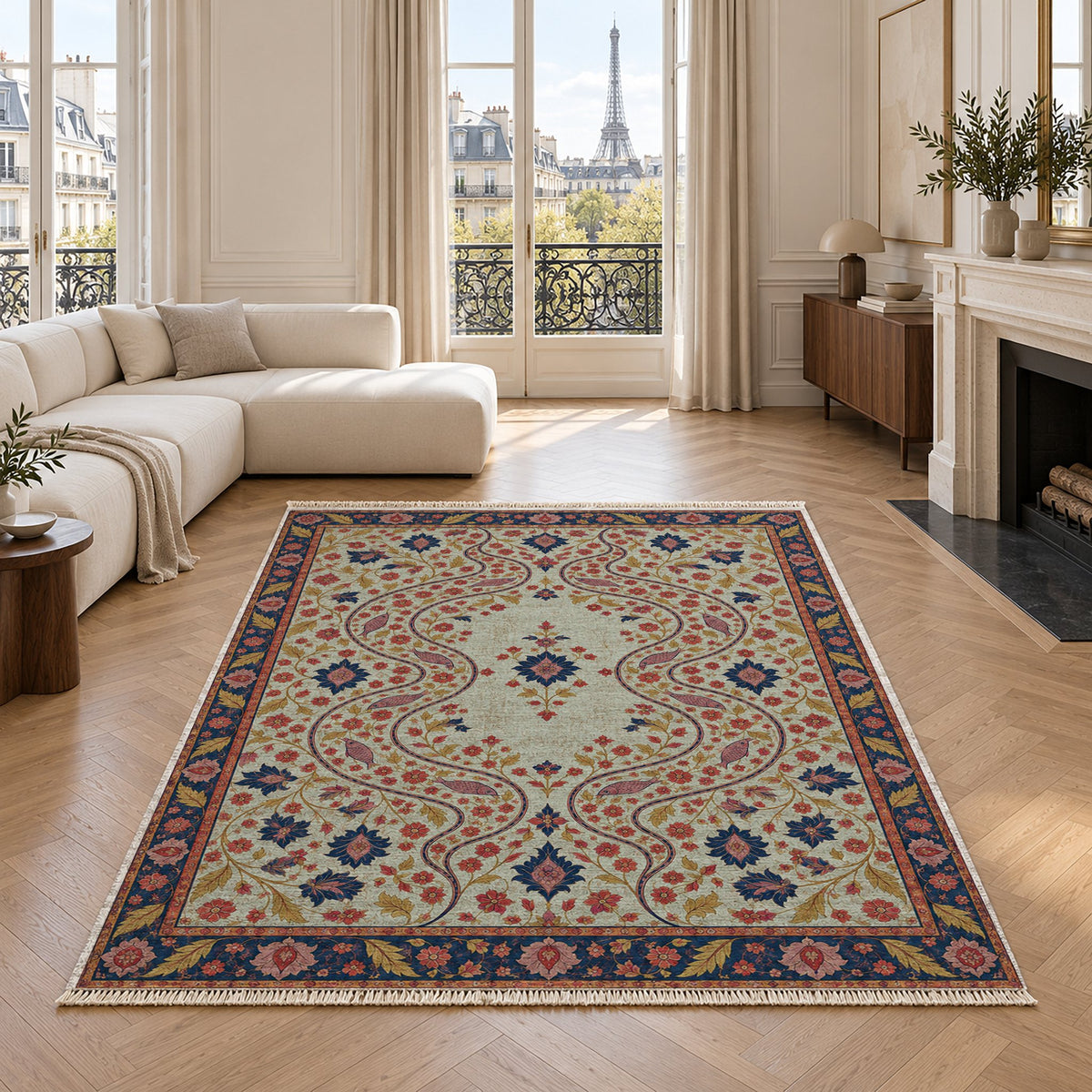 Herati River Channels Glacier, Ink & Vermilion washable rug in a living room with an Eiffel Tower view