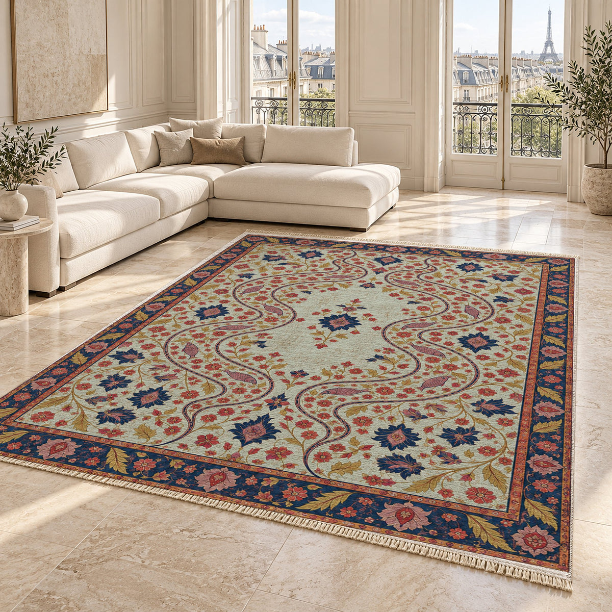Herati River Channels Glacier, Ink & Vermilion washable rug angled room view on marble