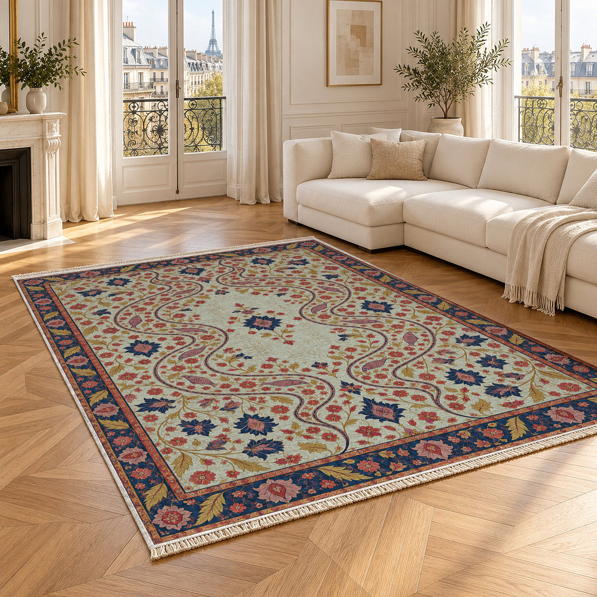 Herati River Channels Glacier, Ink & Vermilion washable rug angled room view